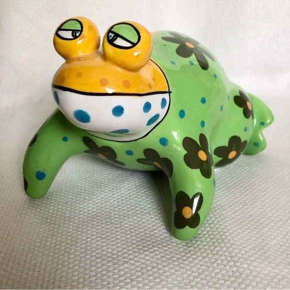 Ganz ceramic green frog piggy bank flowers polka dots EUC hand painted - Picture 4 of 14